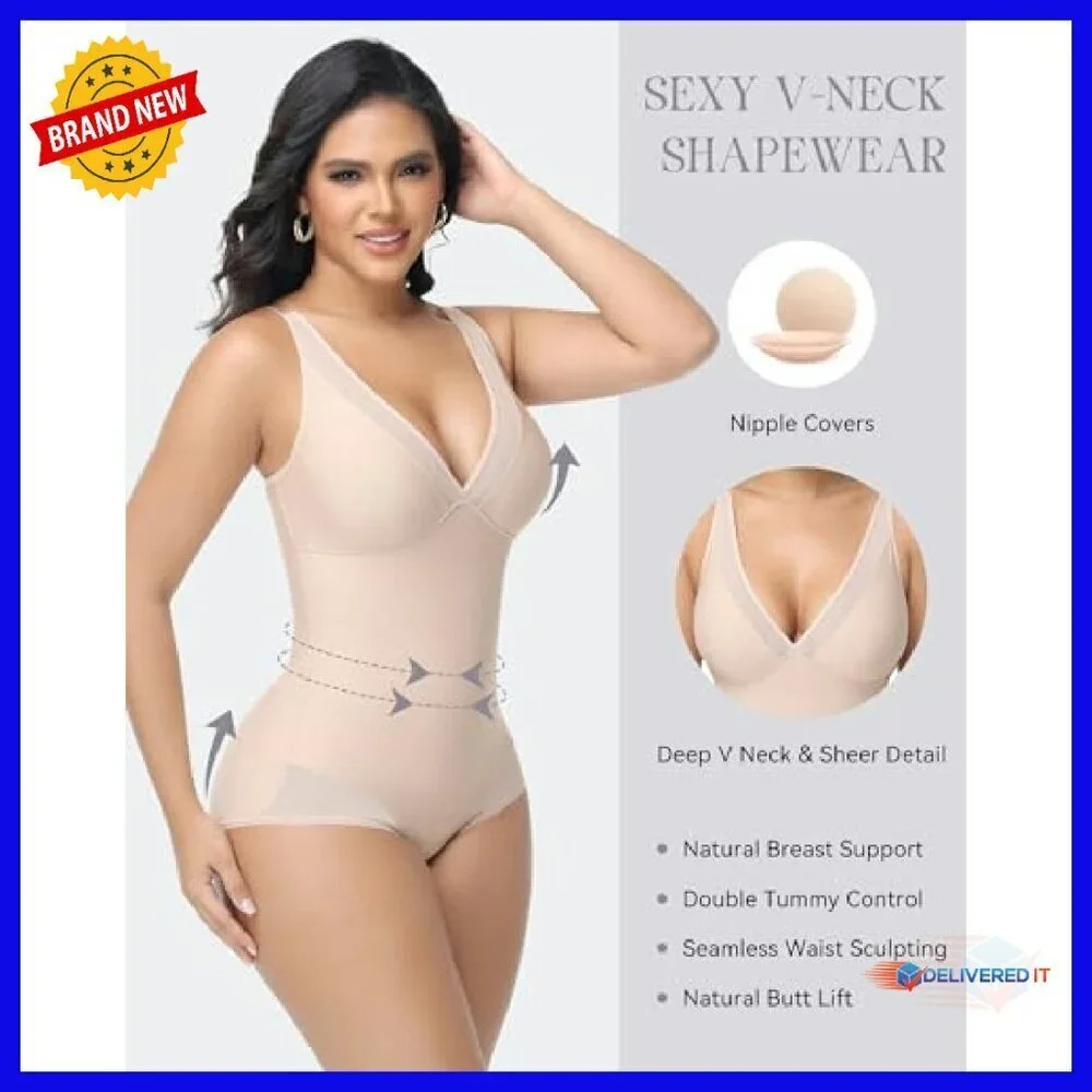 Women's Shapewear Bodysuit Tummy Control V-Neck Mesh Sheer All-Day Wear